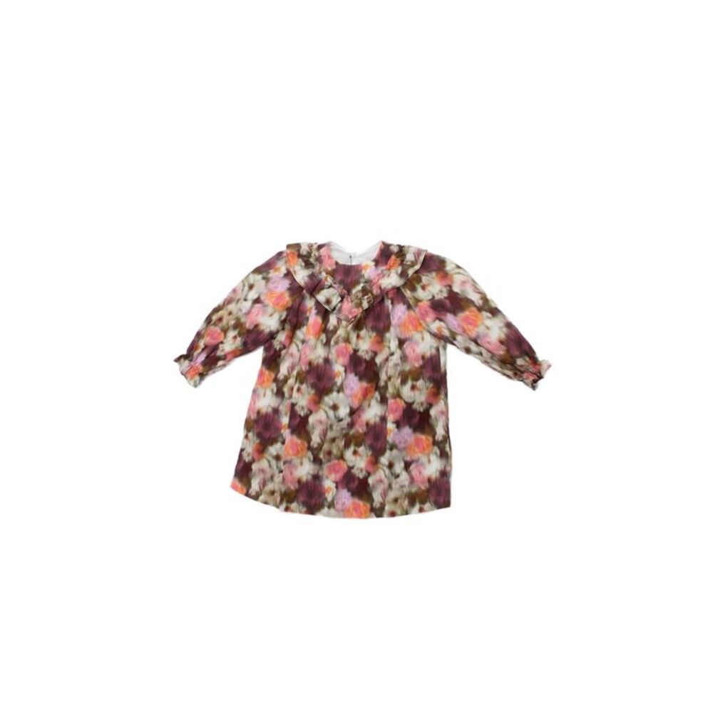 Bonpoint Girls Long Sleeve Ruffled Trim Floral Dress Burgundy Brown Pink Size 2